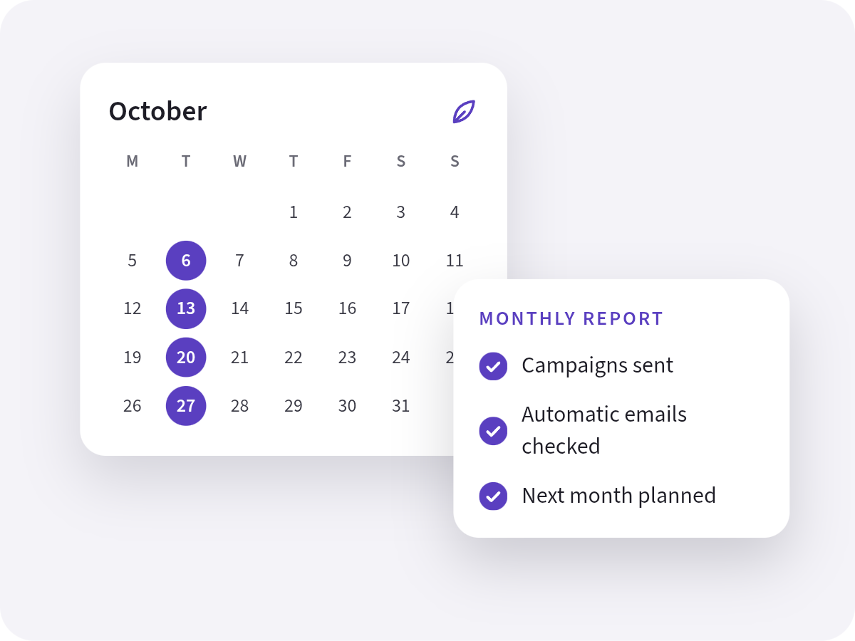 Illustration of a monthly calendar of campaign dates beside a monthly report checklist