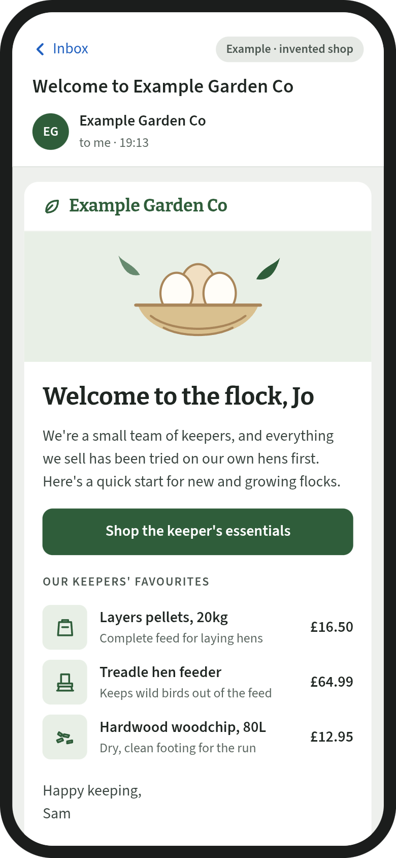Mock-up of the same invented shop's welcome email after setup: a green branded message welcoming the reader to the flock, with a short note from the team, a Shop the keeper's essentials button and three recommended products.