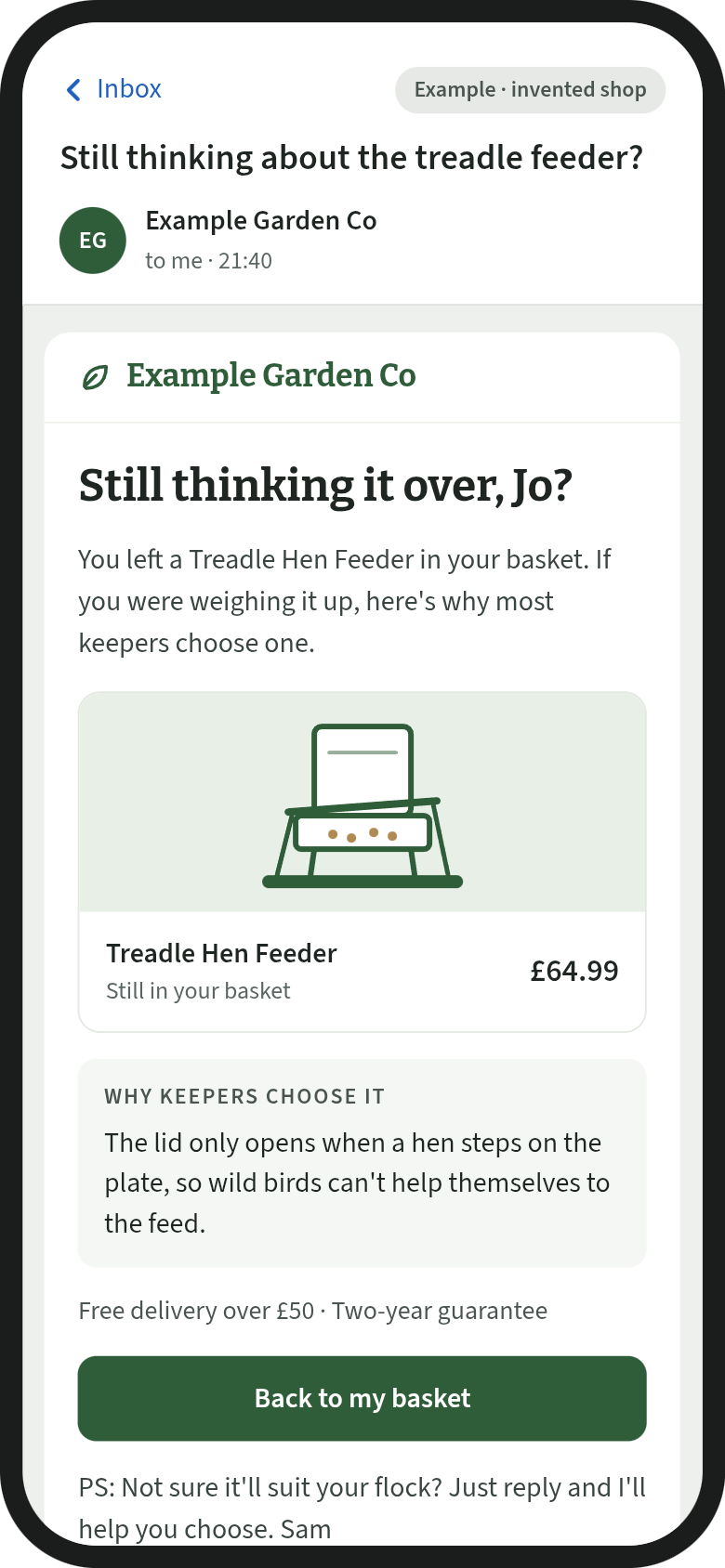 Mock-up of the same invented shop's basket reminder after setup: a green branded message asking Still thinking about the treadle feeder?, showing the product left behind, why keepers choose it, a delivery and guarantee line, and a Back to my basket button.